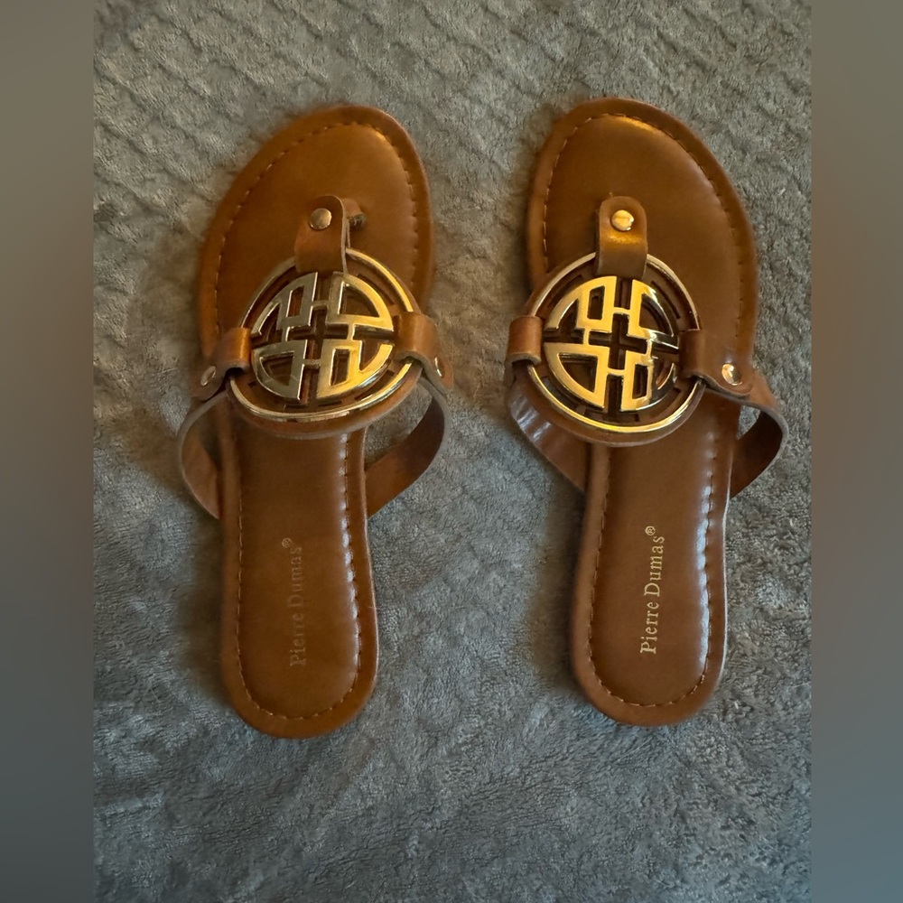 Pierre Dumas Brown Sandals with Gold Medallion Design